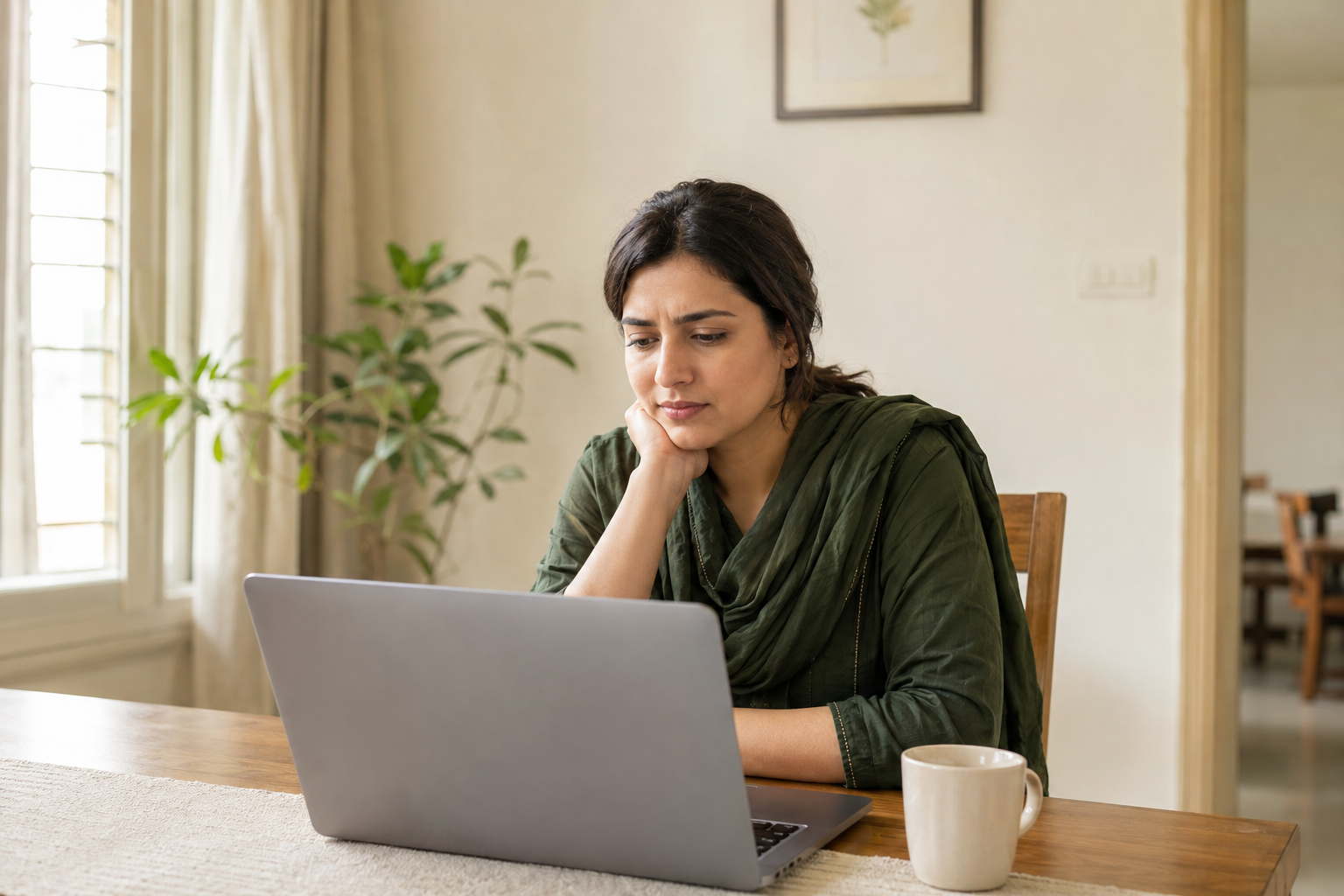 Illustrative scene of a woman considering nutrition advice on her laptop