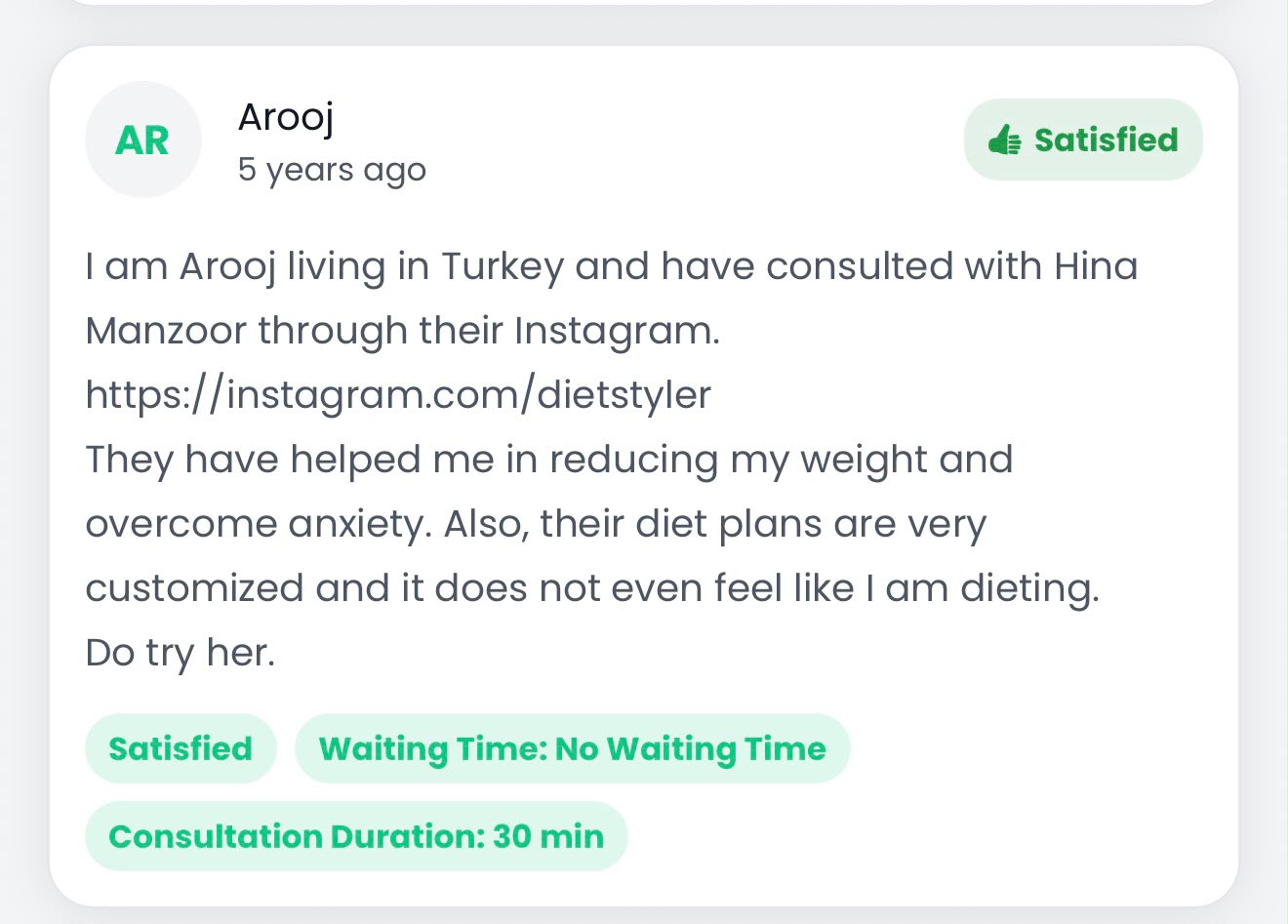 Original feedback screenshot: Arooj